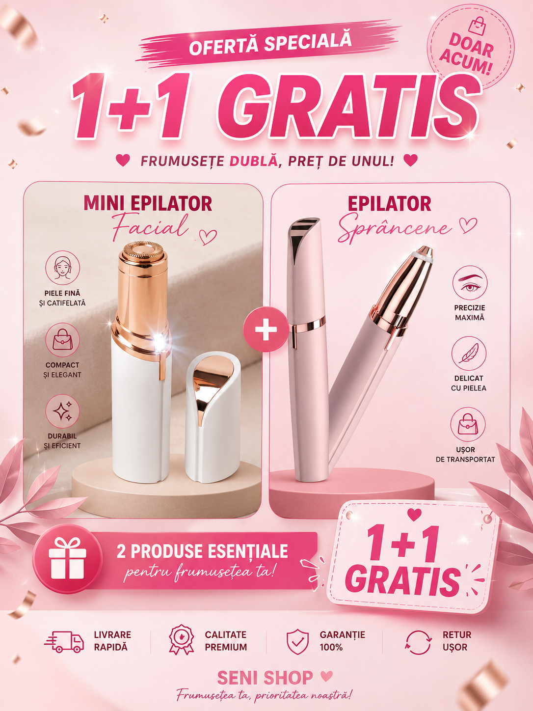 Set 2 în 1 Epilator Facial & Epilator Sprâncene Electric pentru Femei-USB